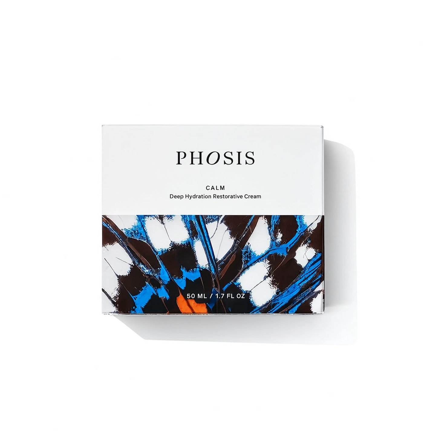 A box with the words PHOSIS Calm Deep Hydration Restorative Cream on a white background on the top part. The bottom of the box is colored butterfly wings.