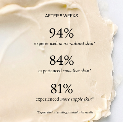 Skincare product with text showing improvement percentages after 8 weeks.