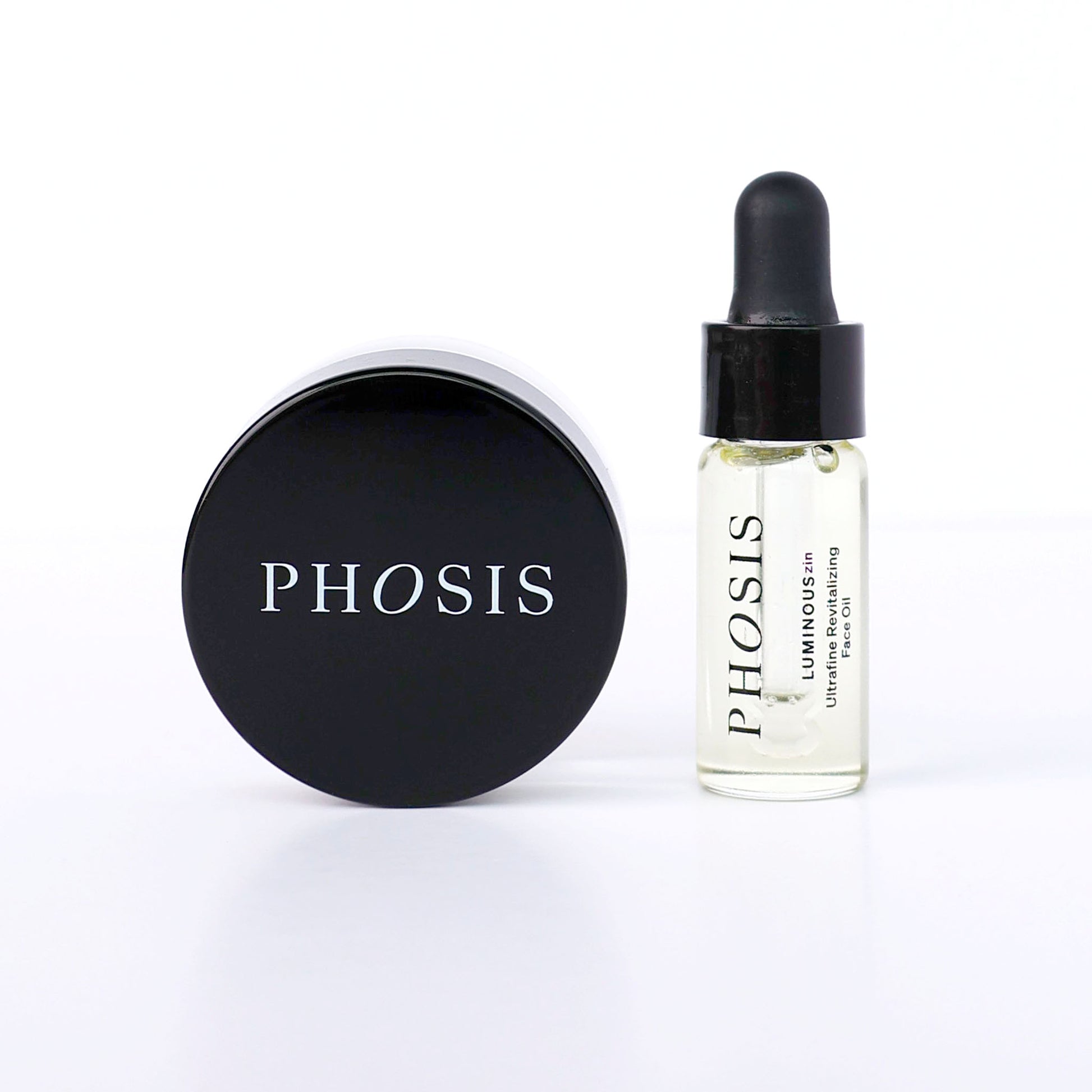 PHOSIS skincare product with dropper bottle and black container on a white background