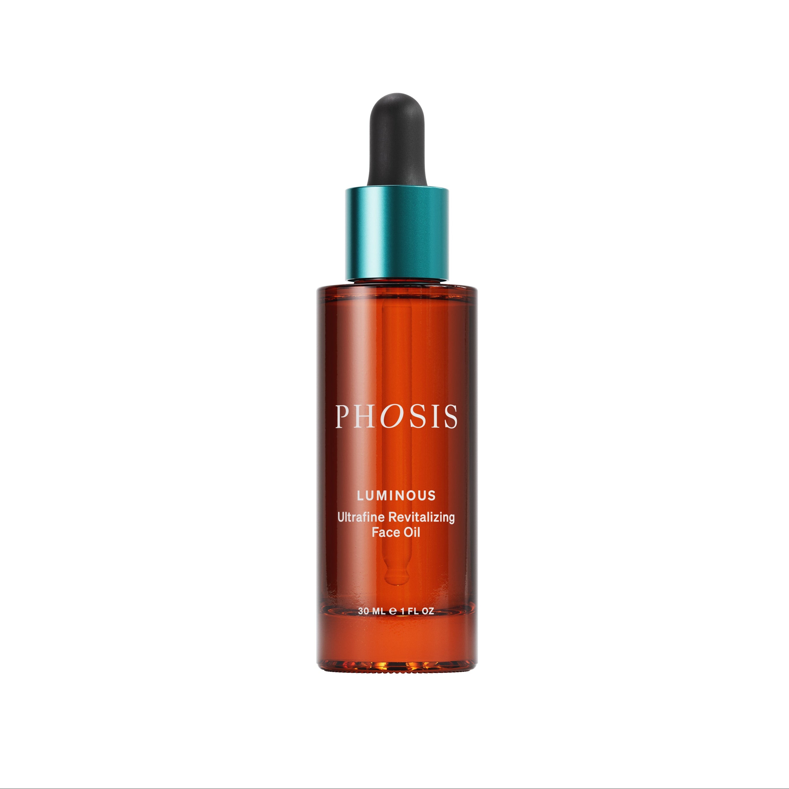 Amber brown bottle with a teal dropper. The bottle has the words PHOSIS Ultrafine Revitalizing Face Oil on the front in white lettering.