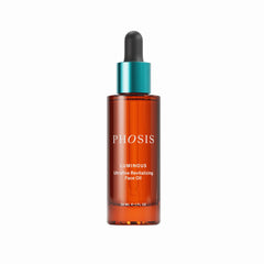 Phosis Luminous Ultrafine Revitalizing Face Oil in a 30 mL amber glass dropper bottle with a metallic teal collar and black dropper cap, shown on a plain white background.