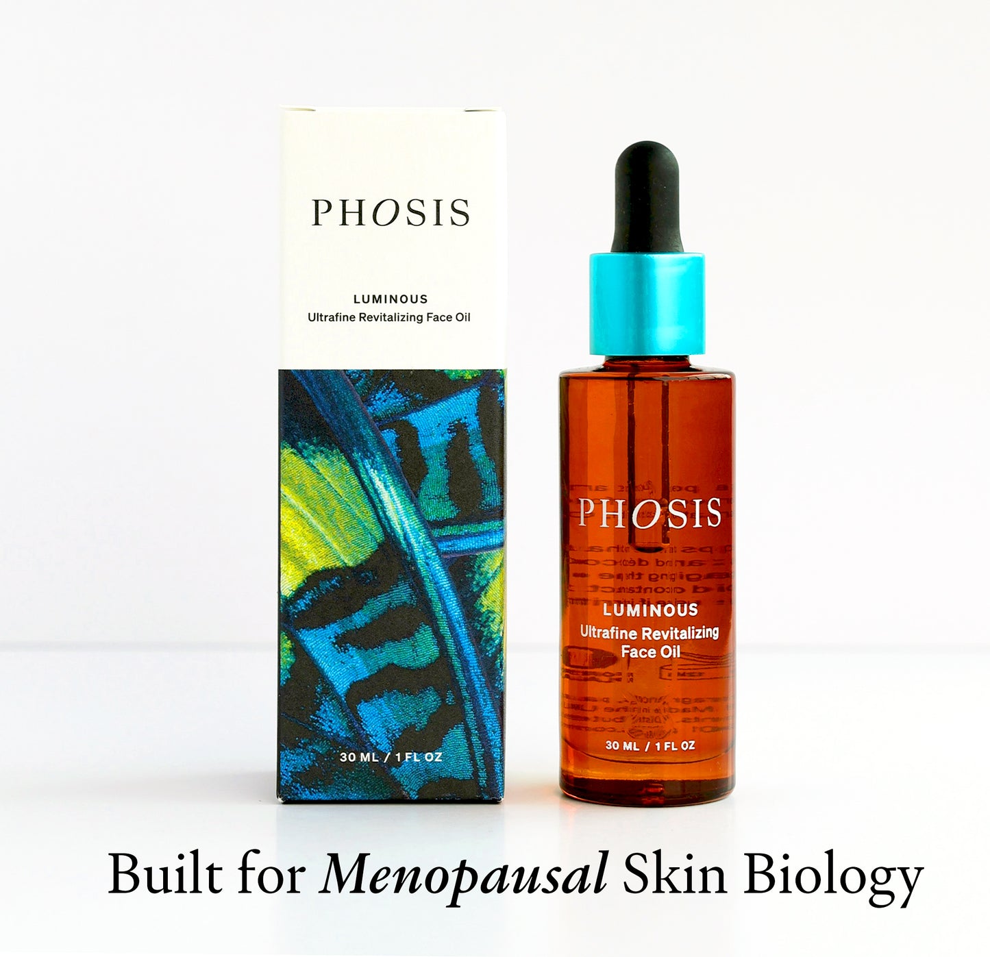 Phosis Luminous Ultra-Revitalizing Face Oil shown in an amber glass dropper bottle next to its white and blue packaging box, with the text 'Built for Menopausal Skin Biology' printed below on a white background.