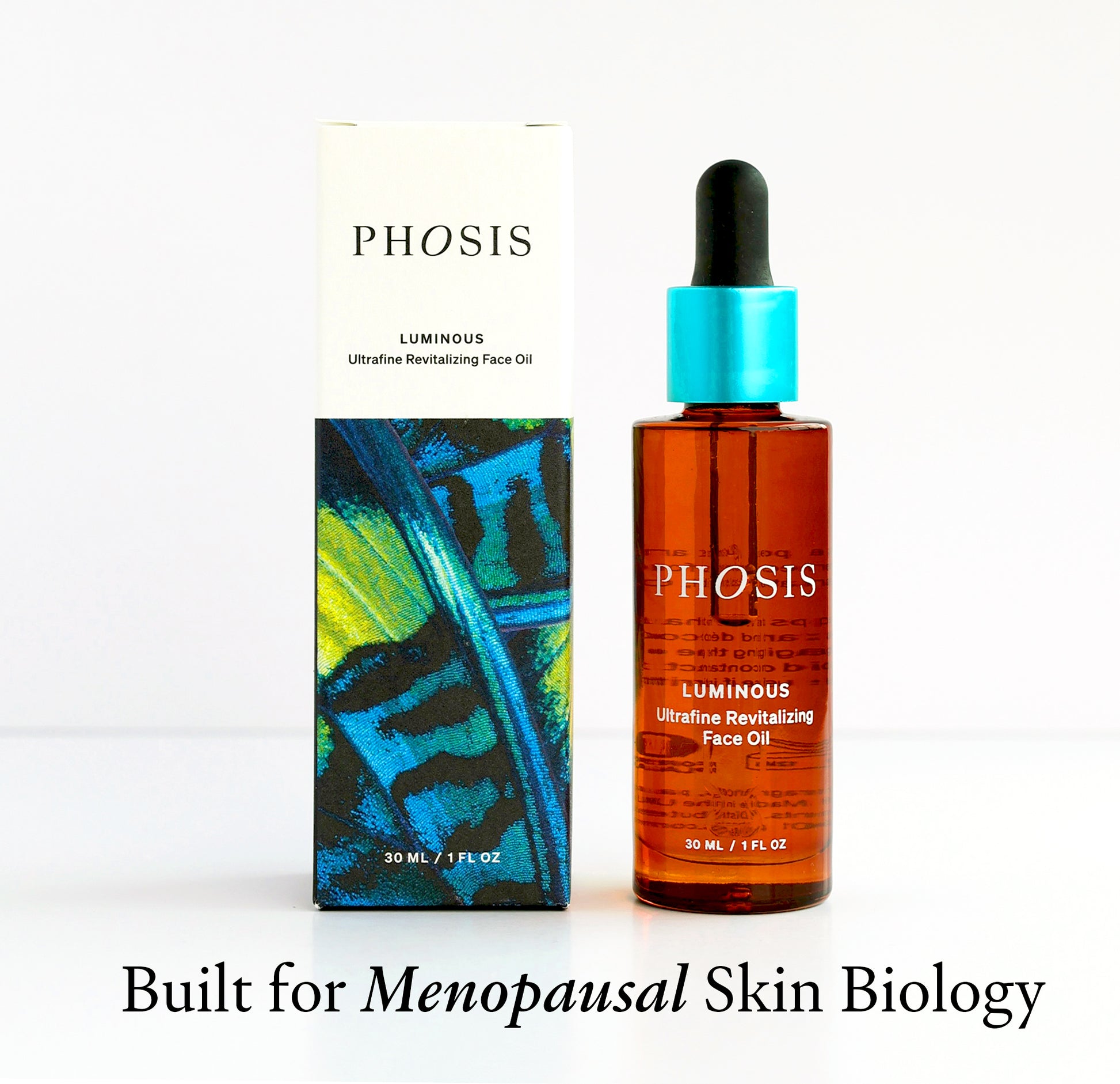 Phosis Luminous Ultra-Revitalizing Face Oil shown in an amber glass dropper bottle next to its white and blue packaging box, with the text 'Built for Menopausal Skin Biology' printed below on a white background.