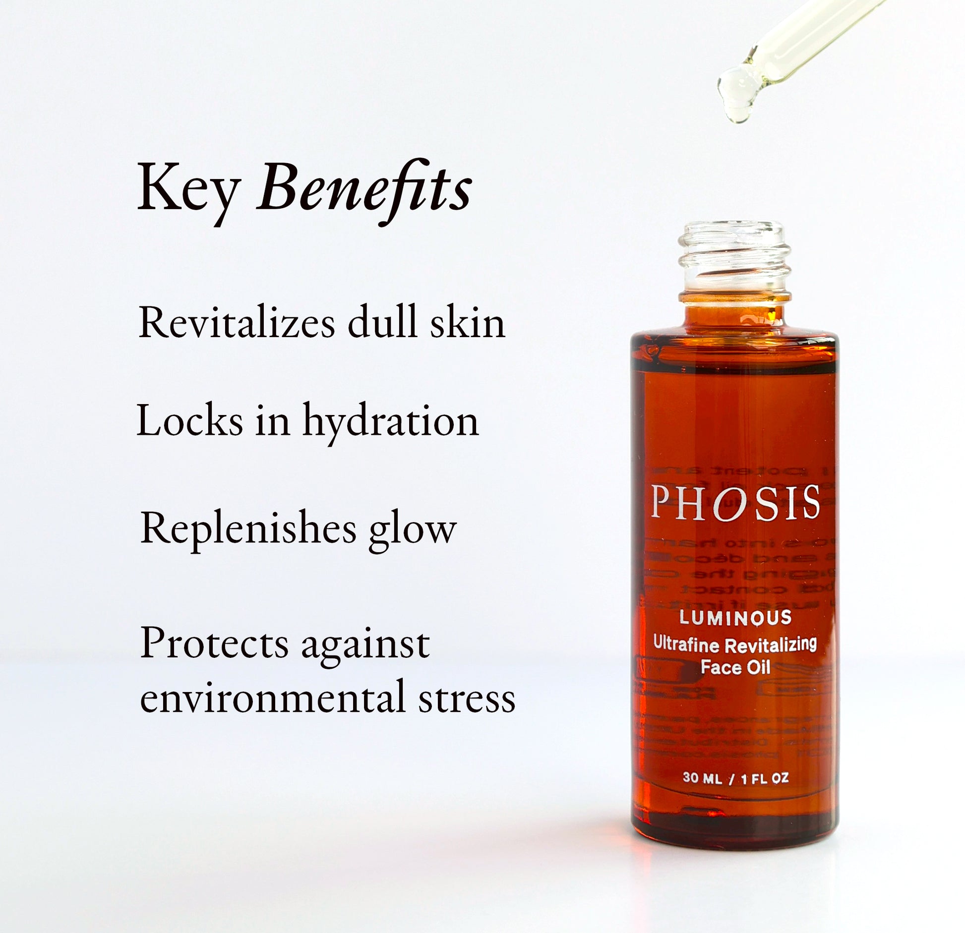 Image of Phosis bottle of face oil with dropper above it