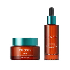 PHOSIS skincare set featuring a Calm Deep Hydration Restorative Cream jar and a Luminous Ultrafine Revitalizing Face Oil dropper bottle, both in amber glass with teal caps.