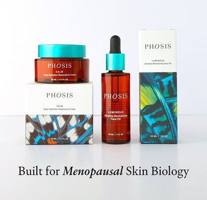 Three PHOSIS skincare products and their boxes arranged on a white background: a red jar with turquoise lid labeled Calm, a red dropper bottle labeled Luminous Living Revitalizing Face Oil, and two white boxes with colorful abstract blue/green artwork. Text below reads 'Built for Menopausal Skin Biology'.