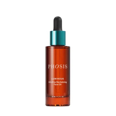 PhOSIS brown bottle of Luminous Ultrafine  Revitalizing Face Oil with teal cap and black bulb dropper